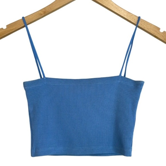 5/$25 Subdued Thin Spaghetti Strap Bandeau Cropped Cami Top Ribbed Blue S/4 - Picture 2 of 10